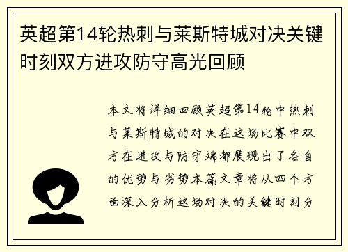 英超第14轮热刺与莱斯特城对决关键时刻双方进攻防守高光回顾